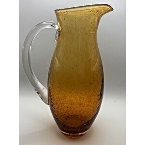 Hand blown Bubble  Glass Pitcher Amber/Gold Clear Handle